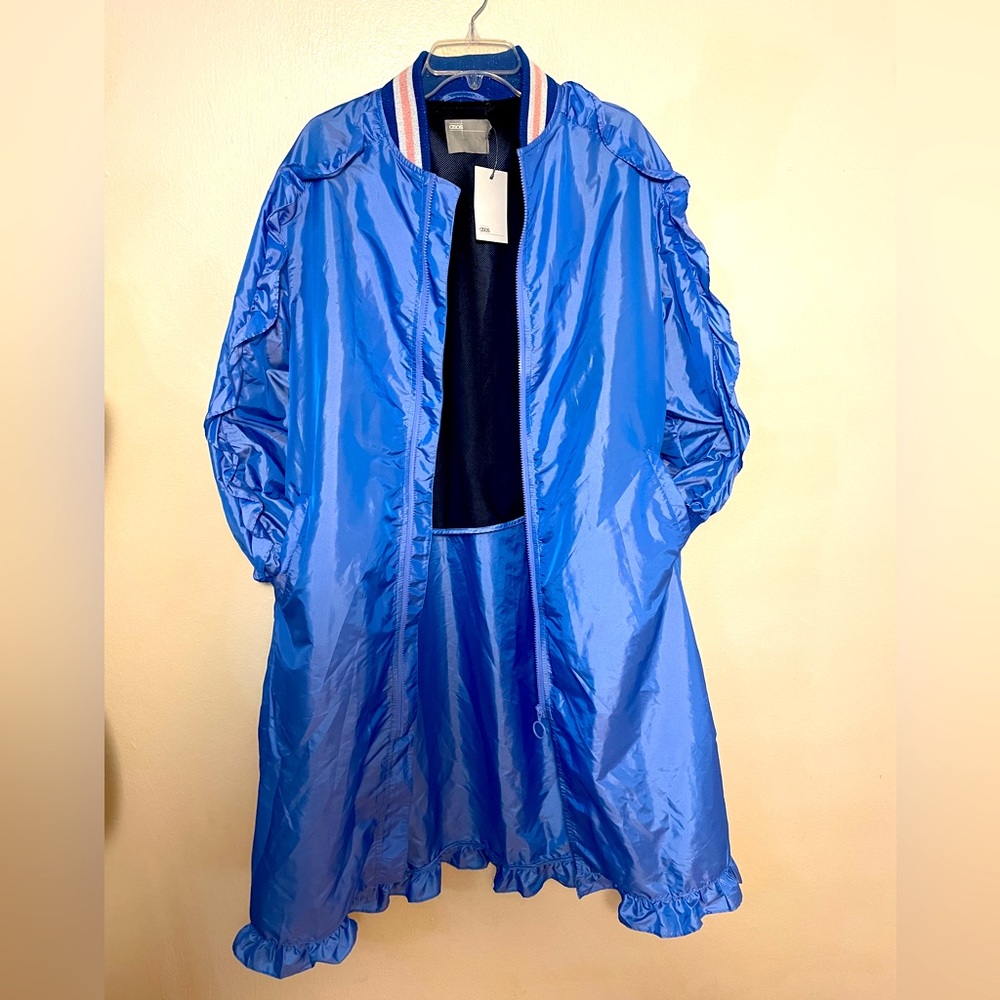ASOS NWT Blue Parachute Parka Y2K/90s Jacket Ruffle Sleeves  Long Shiny sz 8